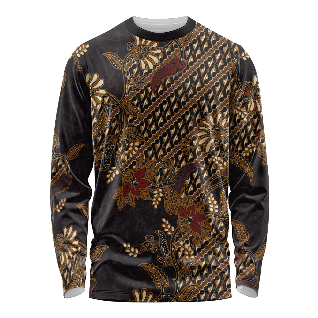 Indonesian Parang Batik Long Sleeve Shirt Brown Gold Floral Pattern