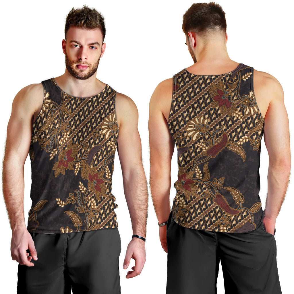 Indonesian Parang Batik Men Tank Top Brown Gold Floral Pattern