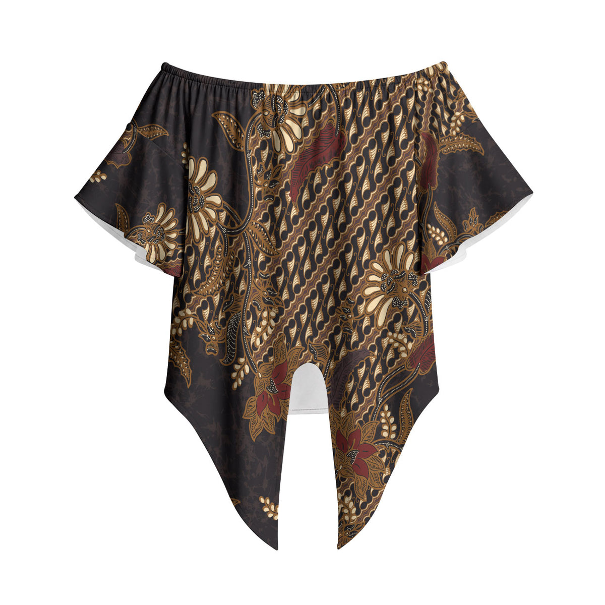Indonesian Parang Batik Off Shoulder Wrap Waist Top Brown Gold Floral Pattern
