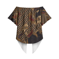 Indonesian Parang Batik Off Shoulder Wrap Waist Top Brown Gold Floral Pattern
