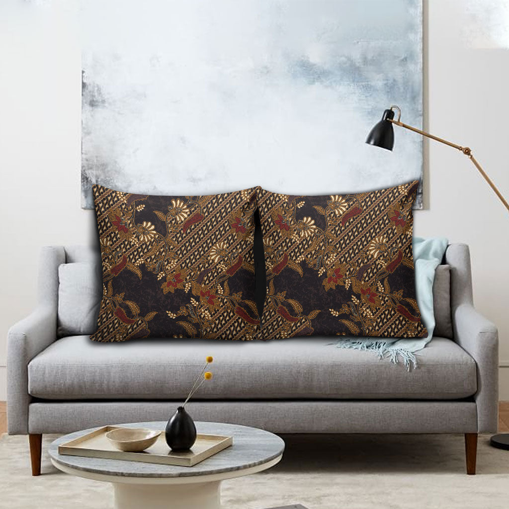 Indonesian Parang Batik Pillow Cover Brown Gold Floral Pattern