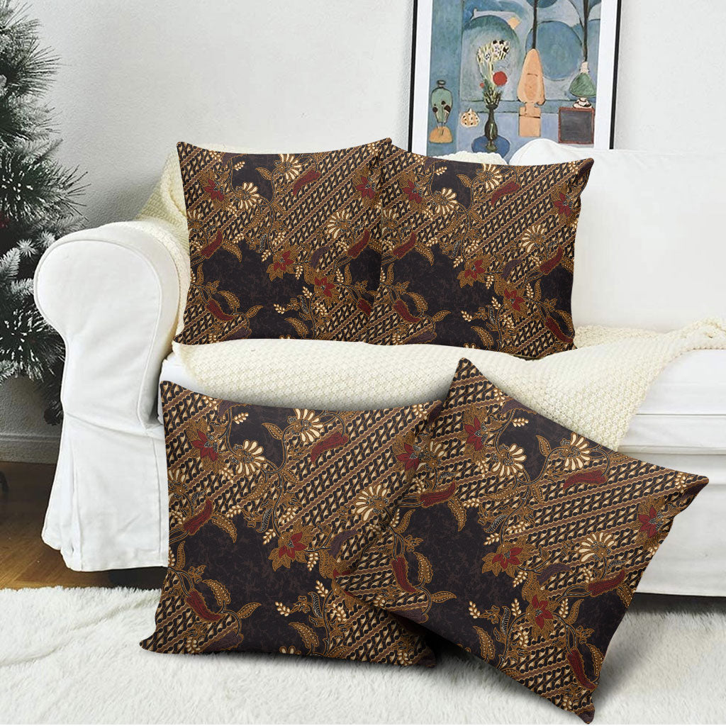 Indonesian Parang Batik Pillow Cover Brown Gold Floral Pattern