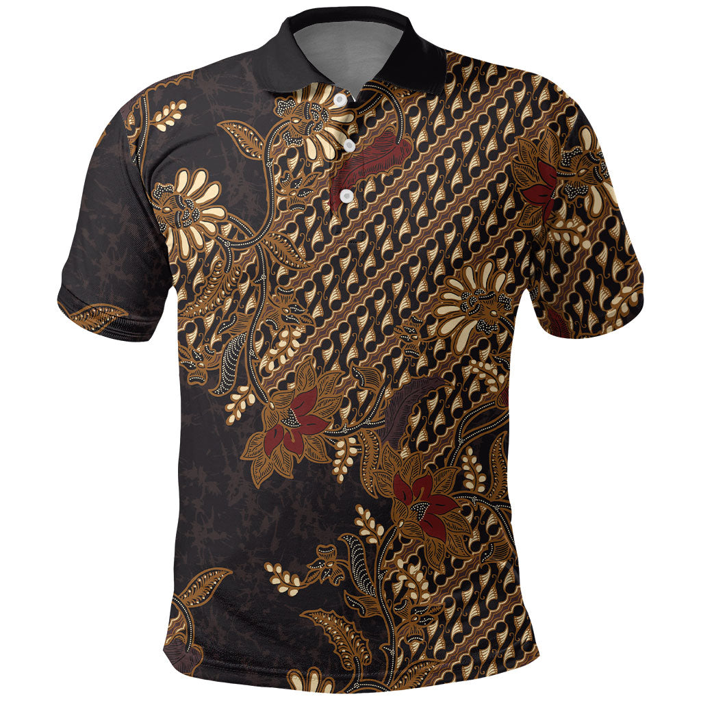Indonesian Parang Batik Polo Shirt Brown Gold Floral Pattern