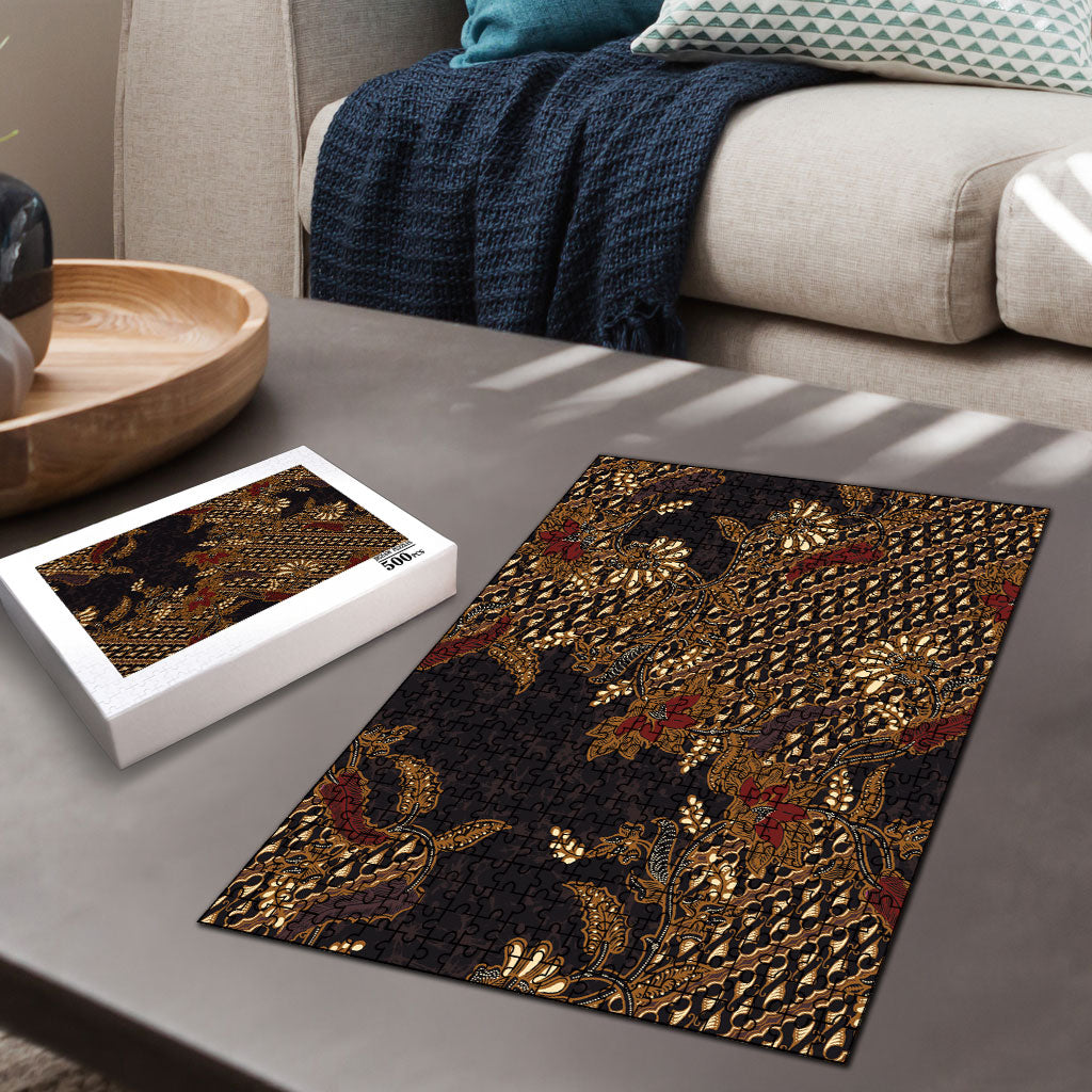 Indonesian Parang Batik Puzzle Brown Gold Floral Pattern