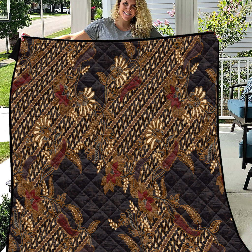 Indonesian Parang Batik Quilt Brown Gold Floral Pattern