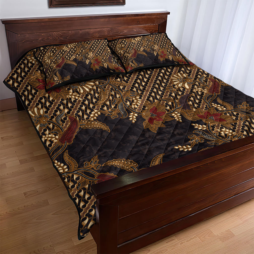 Indonesian Parang Batik Quilt Bed Set Brown Gold Floral Pattern