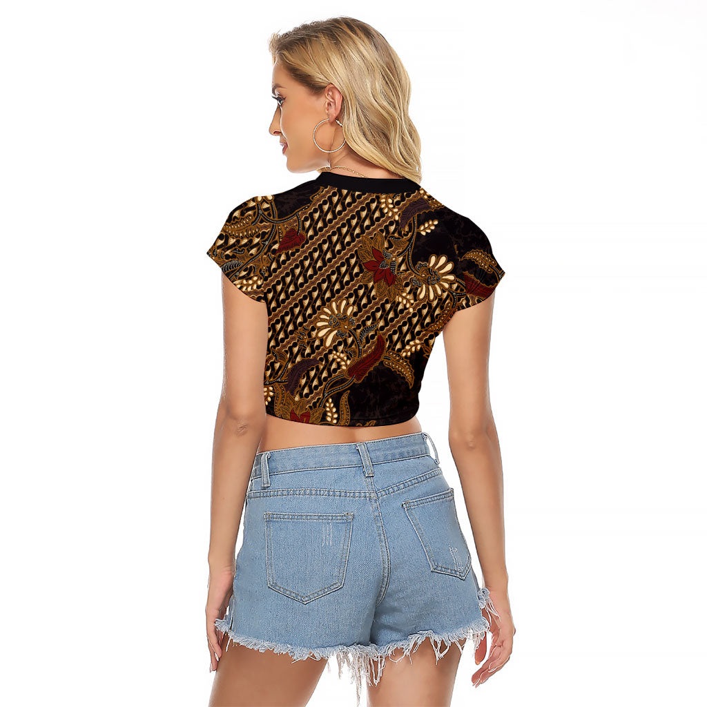 Indonesian Parang Batik Raglan Cropped T Shirt Brown Gold Floral Pattern