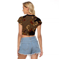 Indonesian Parang Batik Raglan Cropped T Shirt Brown Gold Floral Pattern