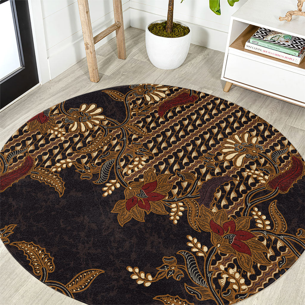 Indonesian Parang Batik Round Carpet Brown Gold Floral Pattern
