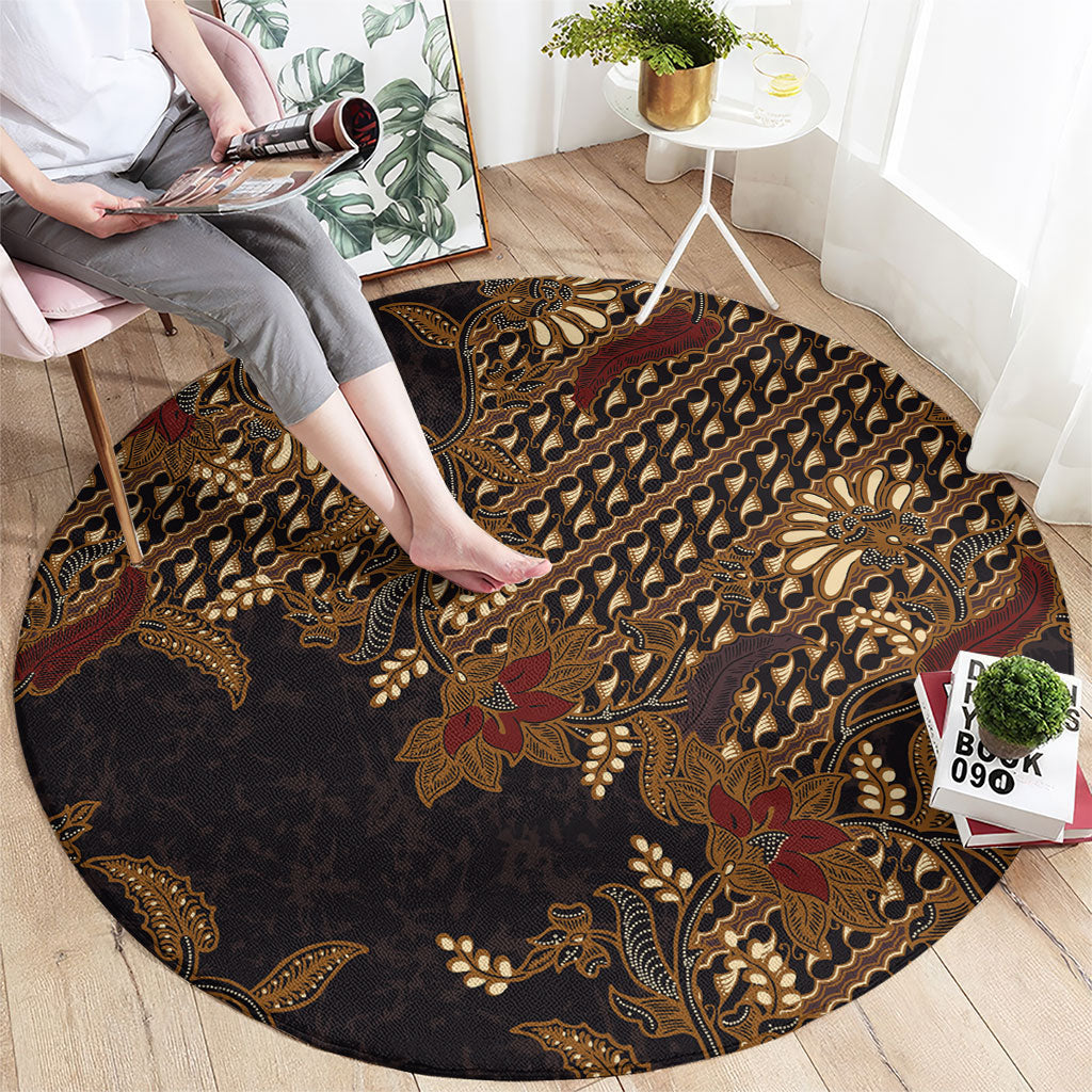 Indonesian Parang Batik Round Carpet Brown Gold Floral Pattern