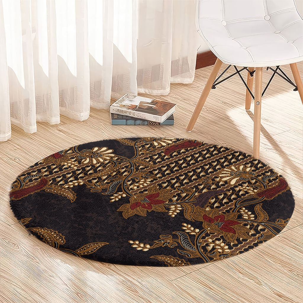Indonesian Parang Batik Round Carpet Brown Gold Floral Pattern