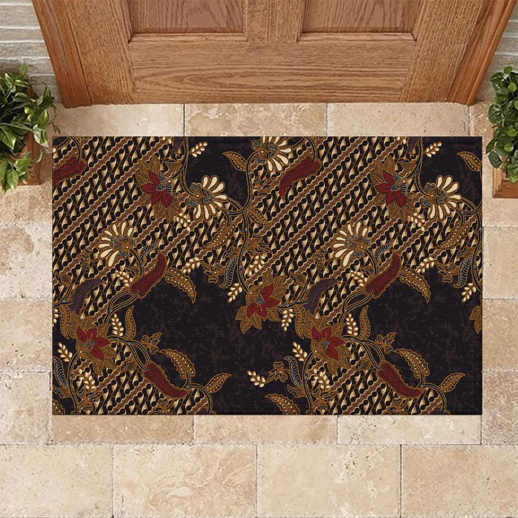 Indonesian Parang Batik Rubber Doormat Brown Gold Floral Pattern