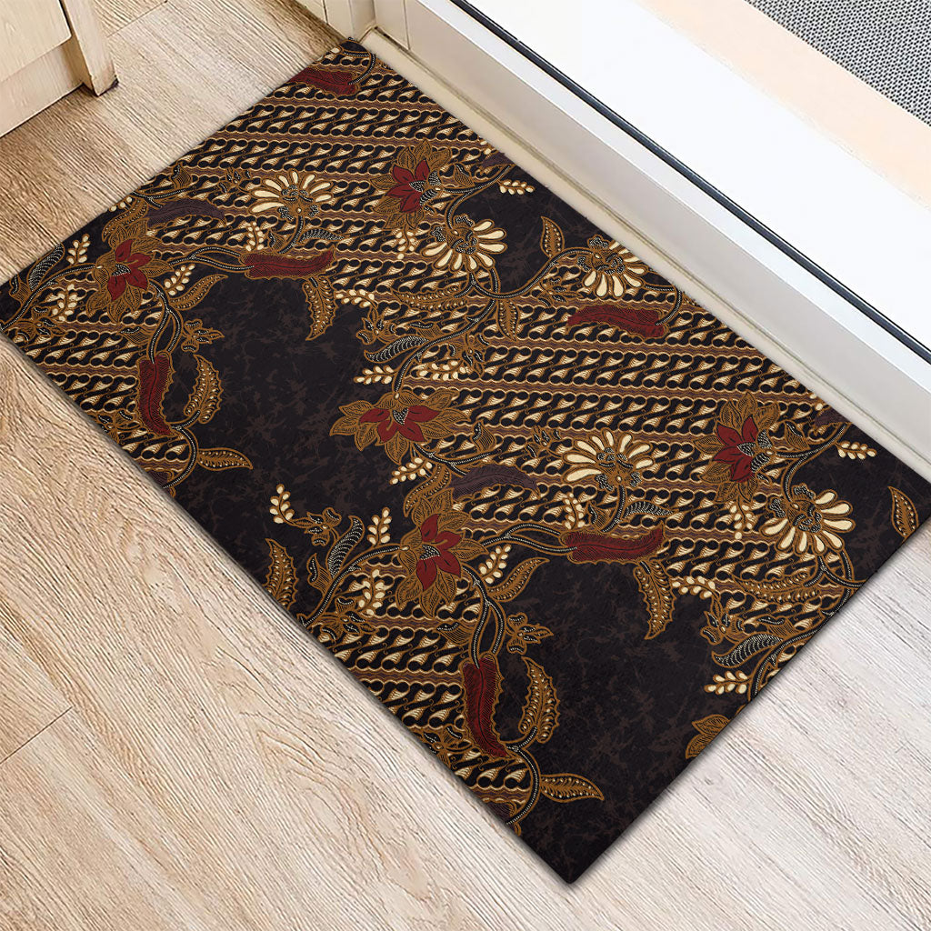 Indonesian Parang Batik Rubber Doormat Brown Gold Floral Pattern