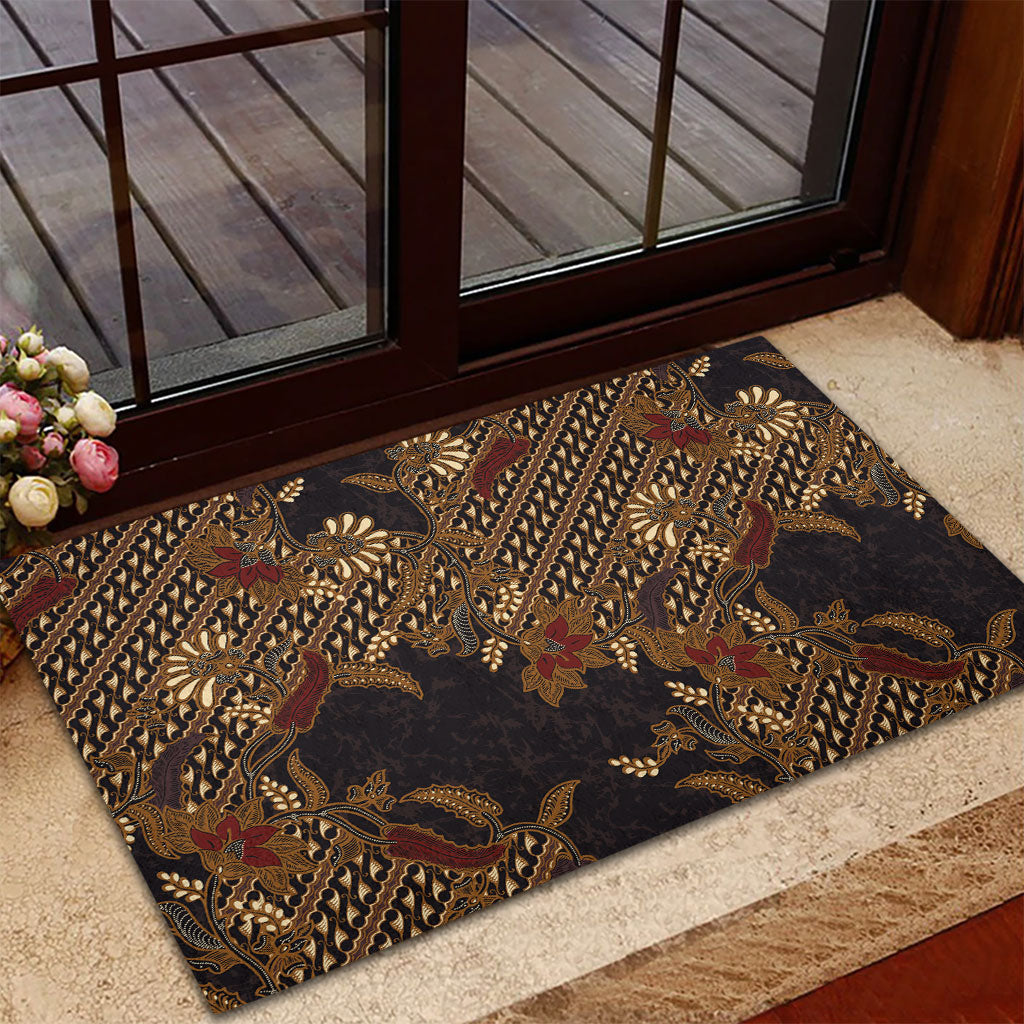 Indonesian Parang Batik Rubber Doormat Brown Gold Floral Pattern
