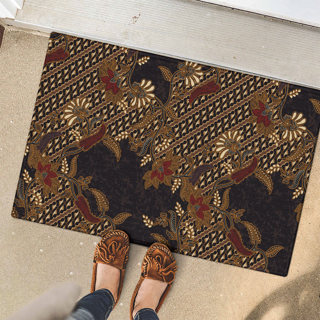 Indonesian Parang Batik Rubber Doormat Brown Gold Floral Pattern