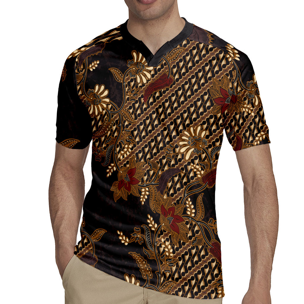 Indonesian Parang Batik Rugby Jersey Brown Gold Floral Pattern