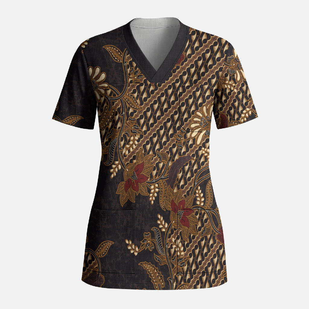 Indonesian Parang Batik Scrub Top Brown Gold Floral Pattern