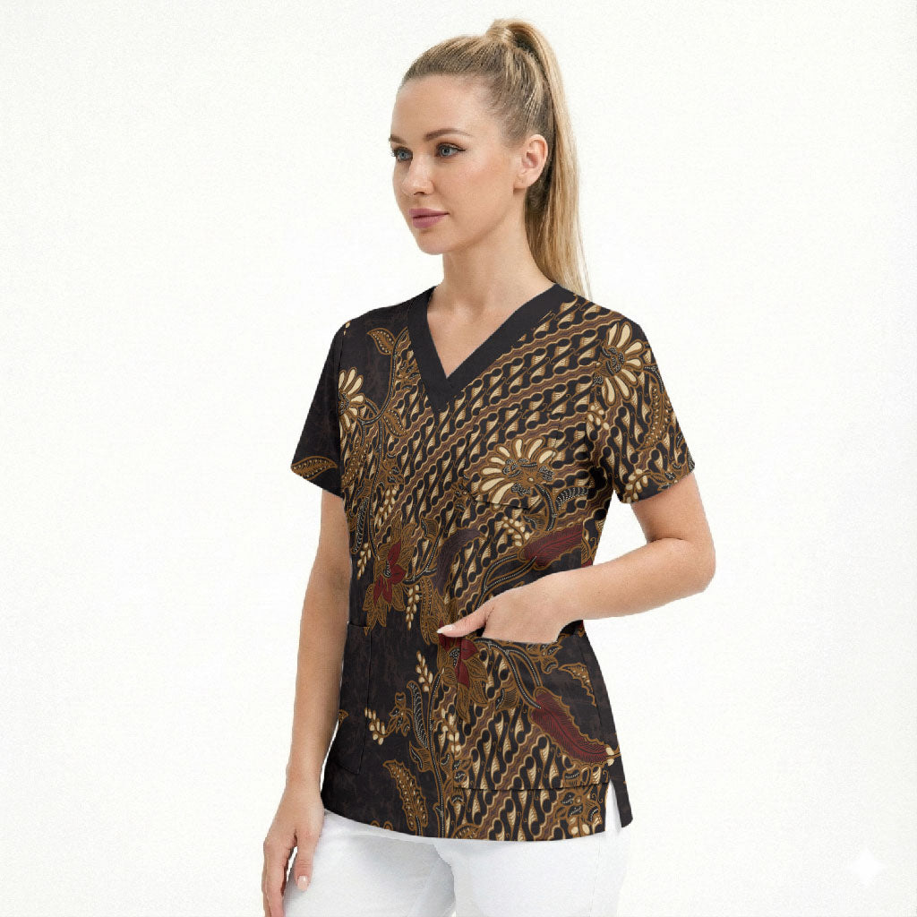 Indonesian Parang Batik Scrub Top Brown Gold Floral Pattern