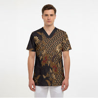 Indonesian Parang Batik Scrub Top Brown Gold Floral Pattern