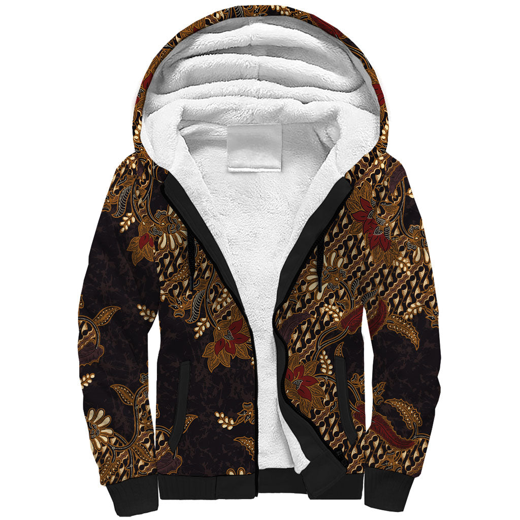 Indonesian Parang Batik Sherpa Hoodie Brown Gold Floral Pattern