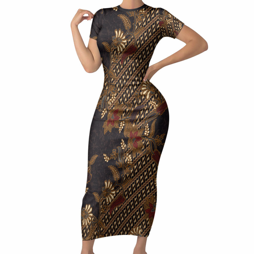 Indonesian Parang Batik Short Sleeve Bodycon Dress Brown Gold Floral Pattern