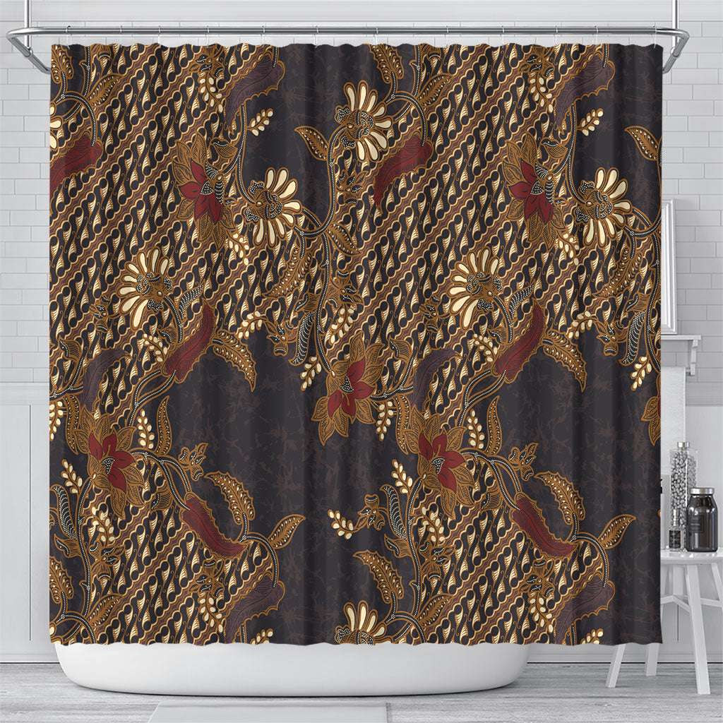 Indonesian Parang Batik Shower Curtain Brown Gold Floral Pattern