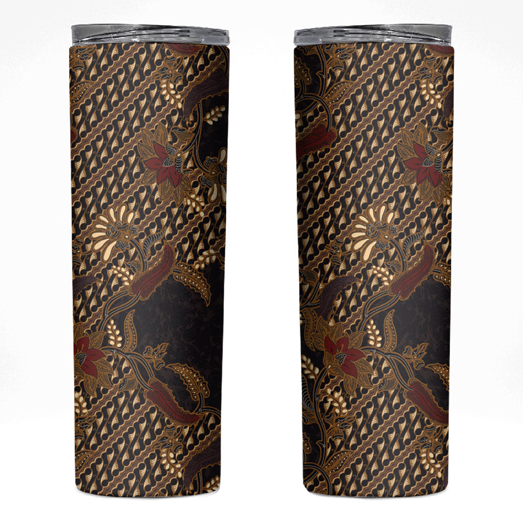 Indonesian Parang Batik Skinny Tumbler Brown Gold Floral Pattern