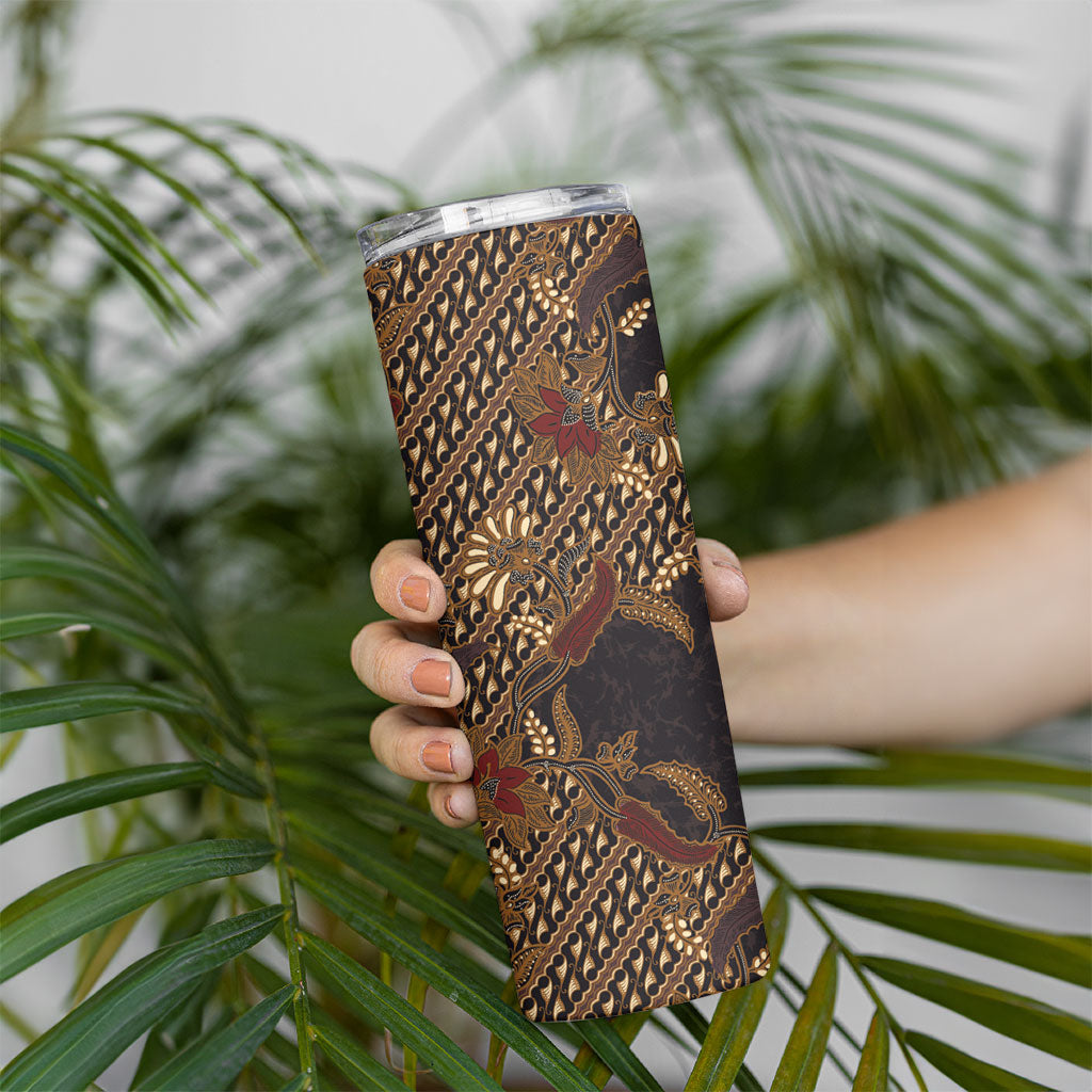 Indonesian Parang Batik Skinny Tumbler Brown Gold Floral Pattern
