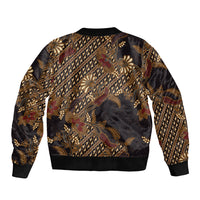 Indonesian Parang Batik Sleeve Zip Bomber Jacket Brown Gold Floral Pattern