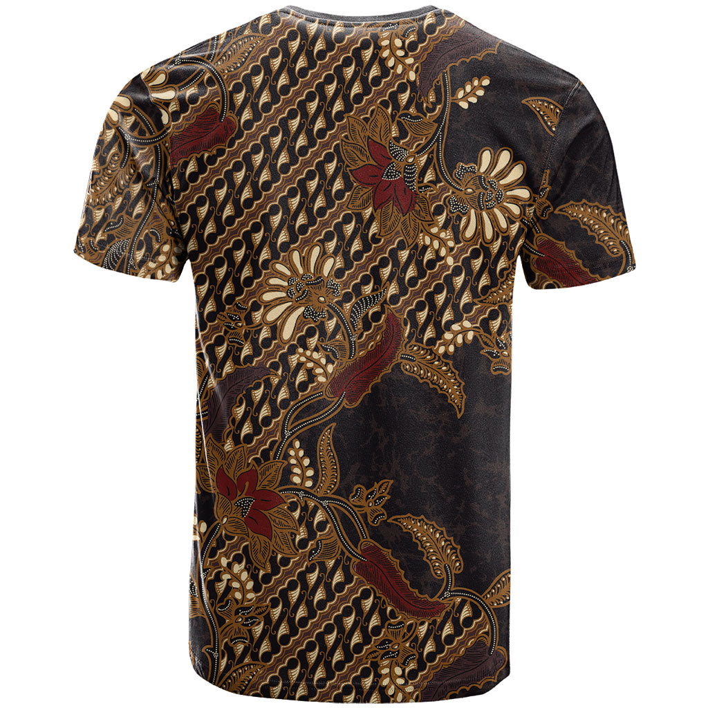 Indonesian Parang Batik T Shirt Brown Gold Floral Pattern