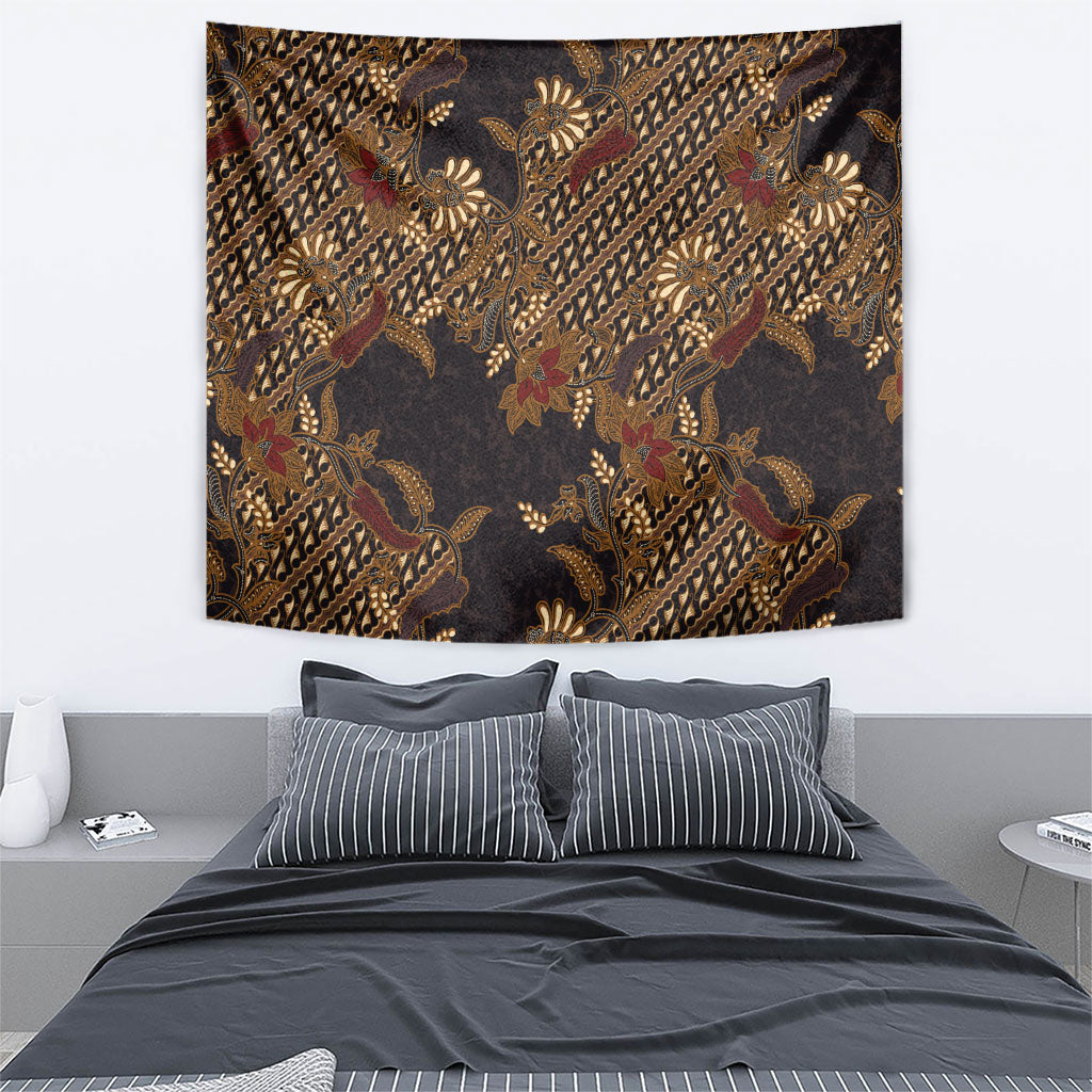 Indonesian Parang Batik Tapestry Brown Gold Floral Pattern