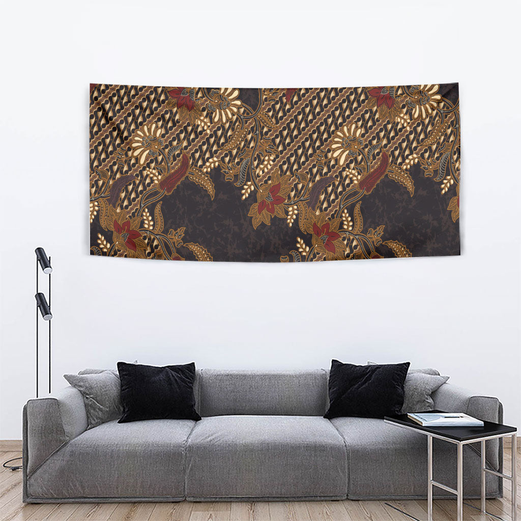 Indonesian Parang Batik Tapestry Brown Gold Floral Pattern