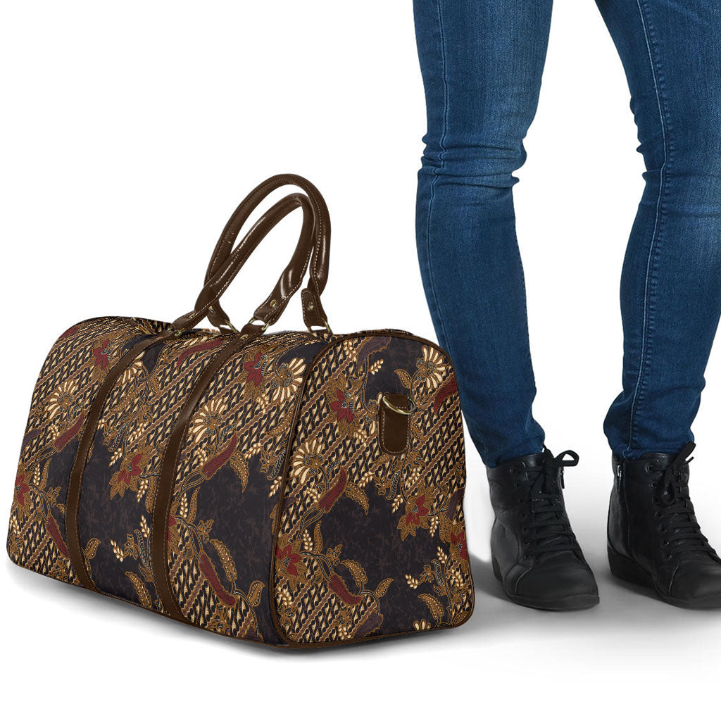 Indonesian Parang Batik Travel Bag Brown Gold Floral Pattern
