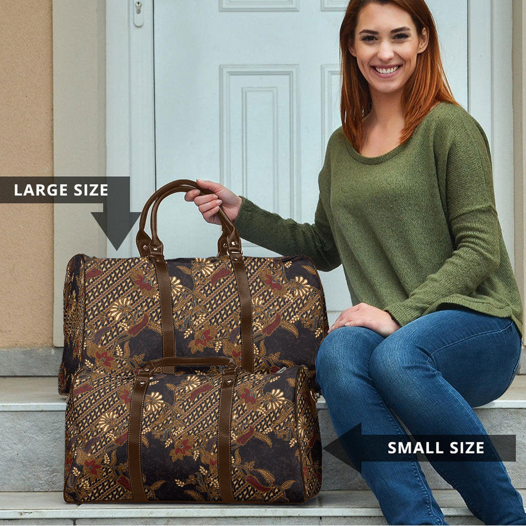 Indonesian Parang Batik Travel Bag Brown Gold Floral Pattern