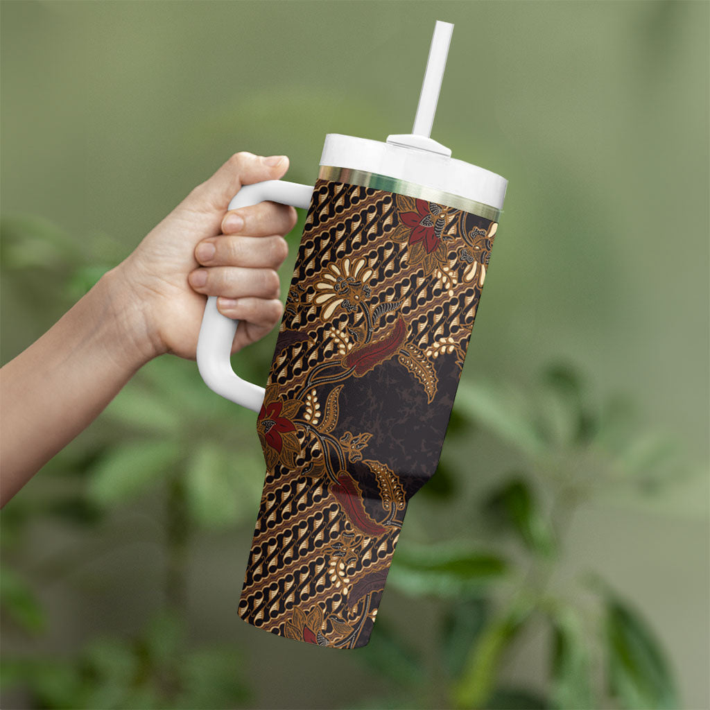Indonesian Parang Batik Tumbler With Handle Brown Gold Floral Pattern
