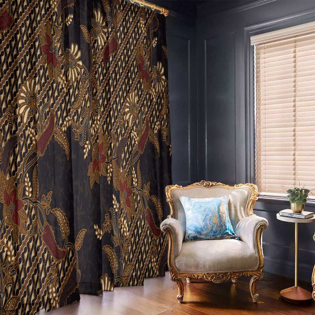 Indonesian Parang Batik Window Curtain Brown Gold Floral Pattern