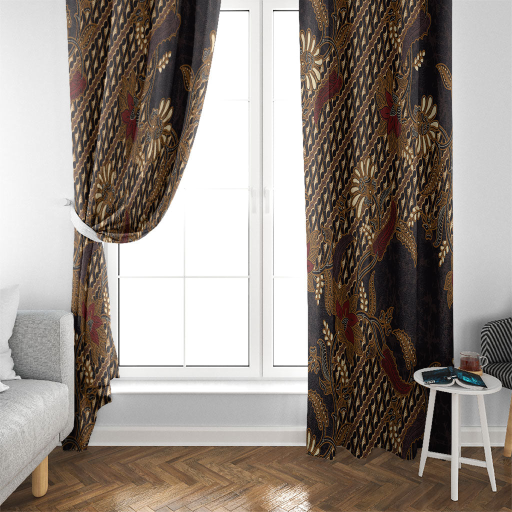 Indonesian Parang Batik Window Curtain Brown Gold Floral Pattern