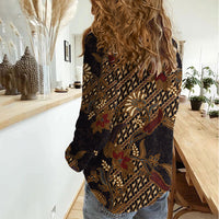 Indonesian Parang Batik Women Casual Shirt Brown Gold Floral Pattern