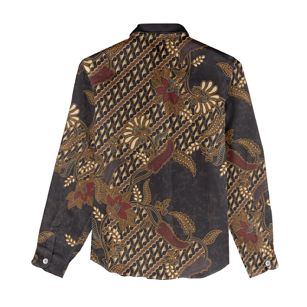 Indonesian Parang Batik Women Casual Shirt Brown Gold Floral Pattern