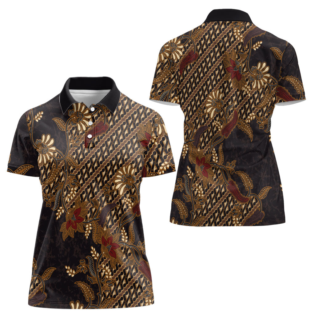 Indonesian Parang Batik Women Polo Shirt Brown Gold Floral Pattern