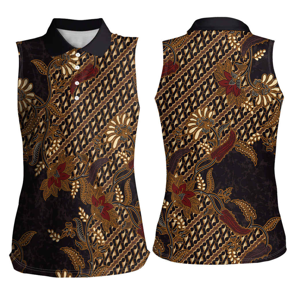 Indonesian Parang Batik Women Sleeveless Polo Shirt Brown Gold Floral Pattern