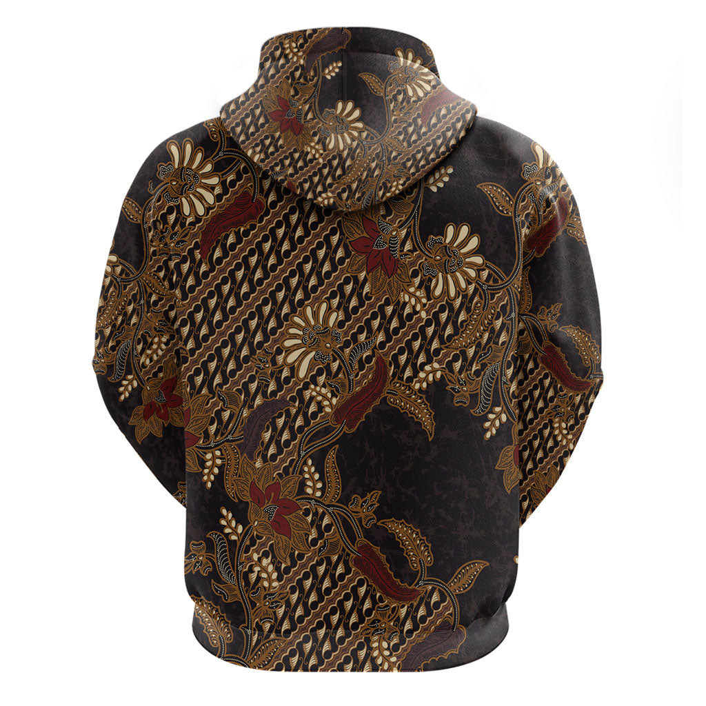 Indonesian Parang Batik Zip Hoodie Brown Gold Floral Pattern