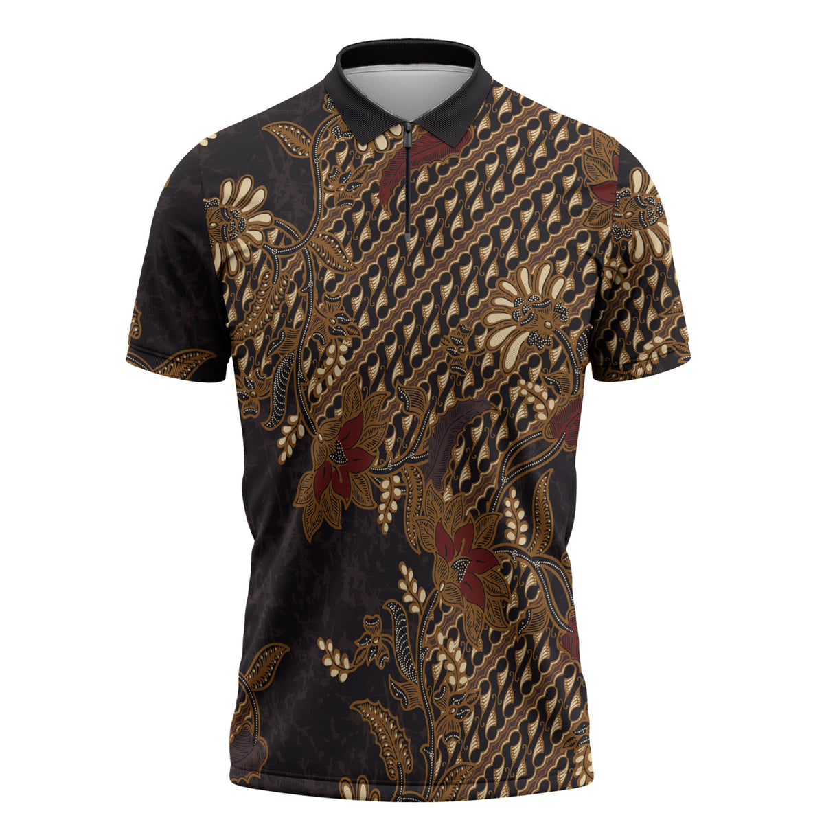 Indonesian Parang Batik Zipper Polo Shirt Brown Gold Floral Pattern