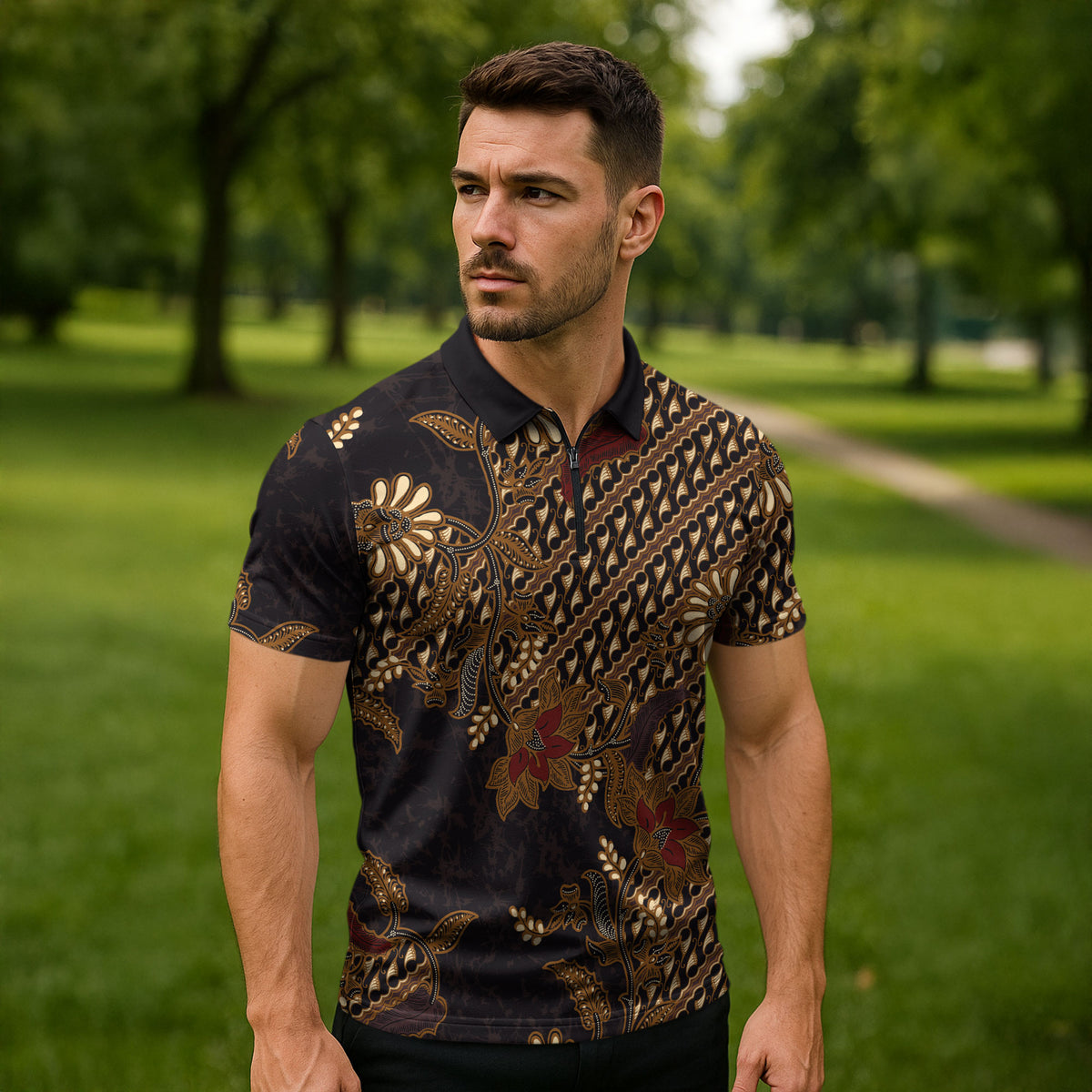 Indonesian Parang Batik Zipper Polo Shirt Brown Gold Floral Pattern