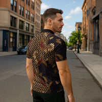 Indonesian Parang Batik Zipper Polo Shirt Brown Gold Floral Pattern