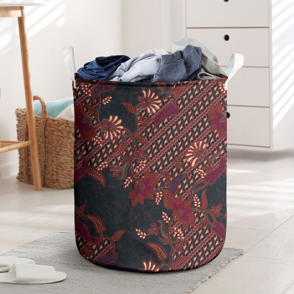 Indonesian Parang Batik Laundry Basket Red Floral Pattern
