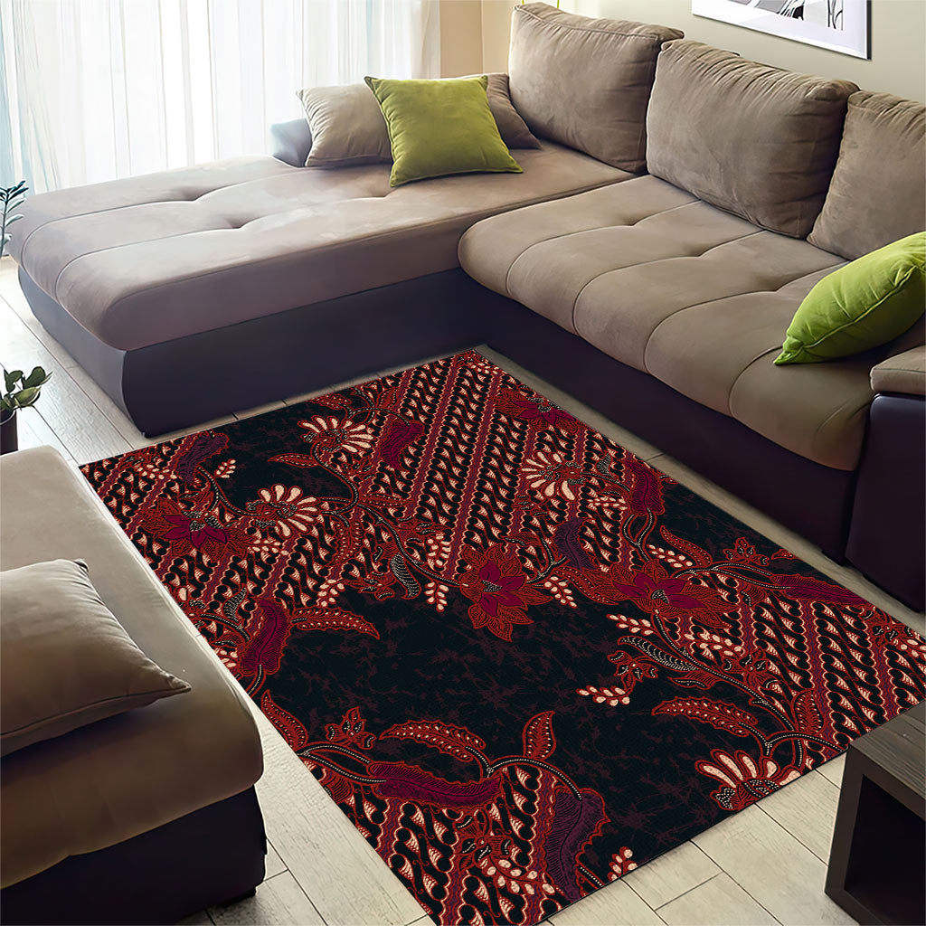 Indonesian Parang Batik Area Rug Red Floral Pattern