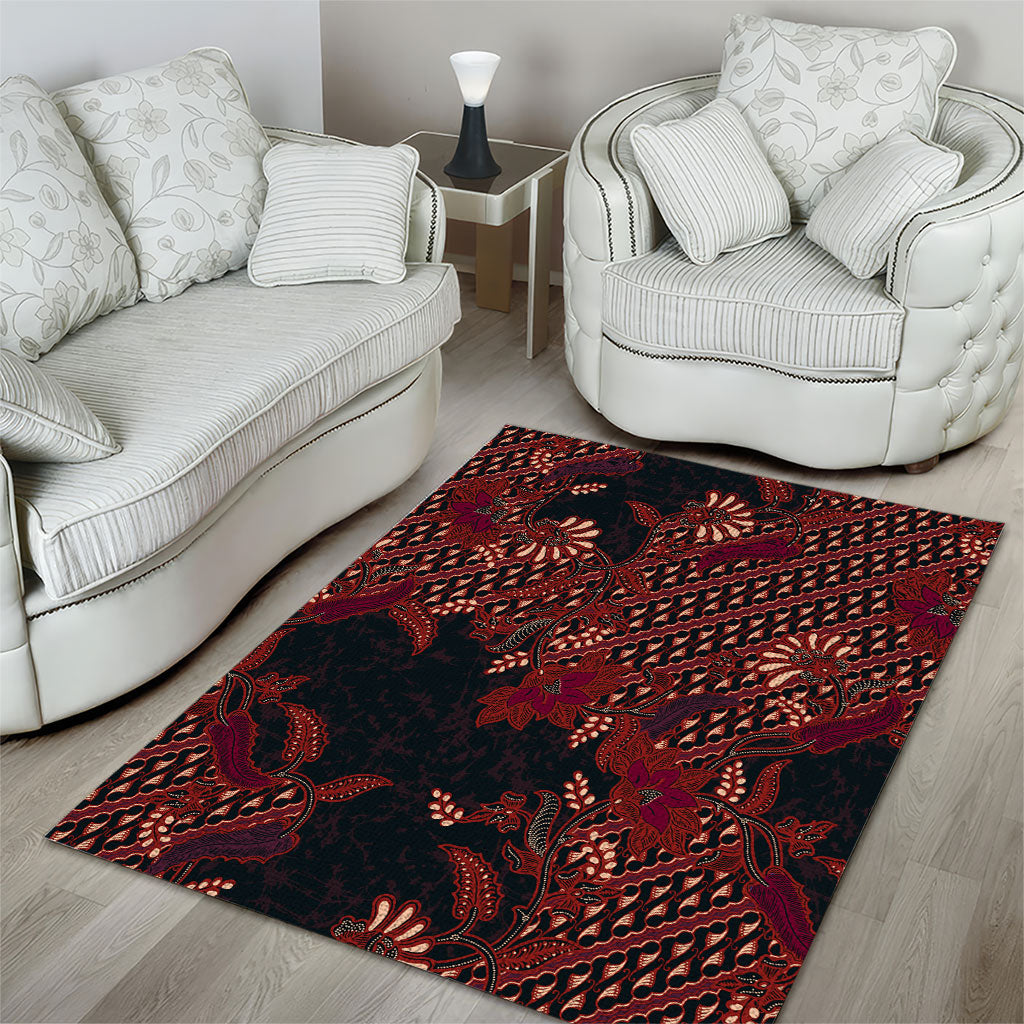 Indonesian Parang Batik Area Rug Red Floral Pattern