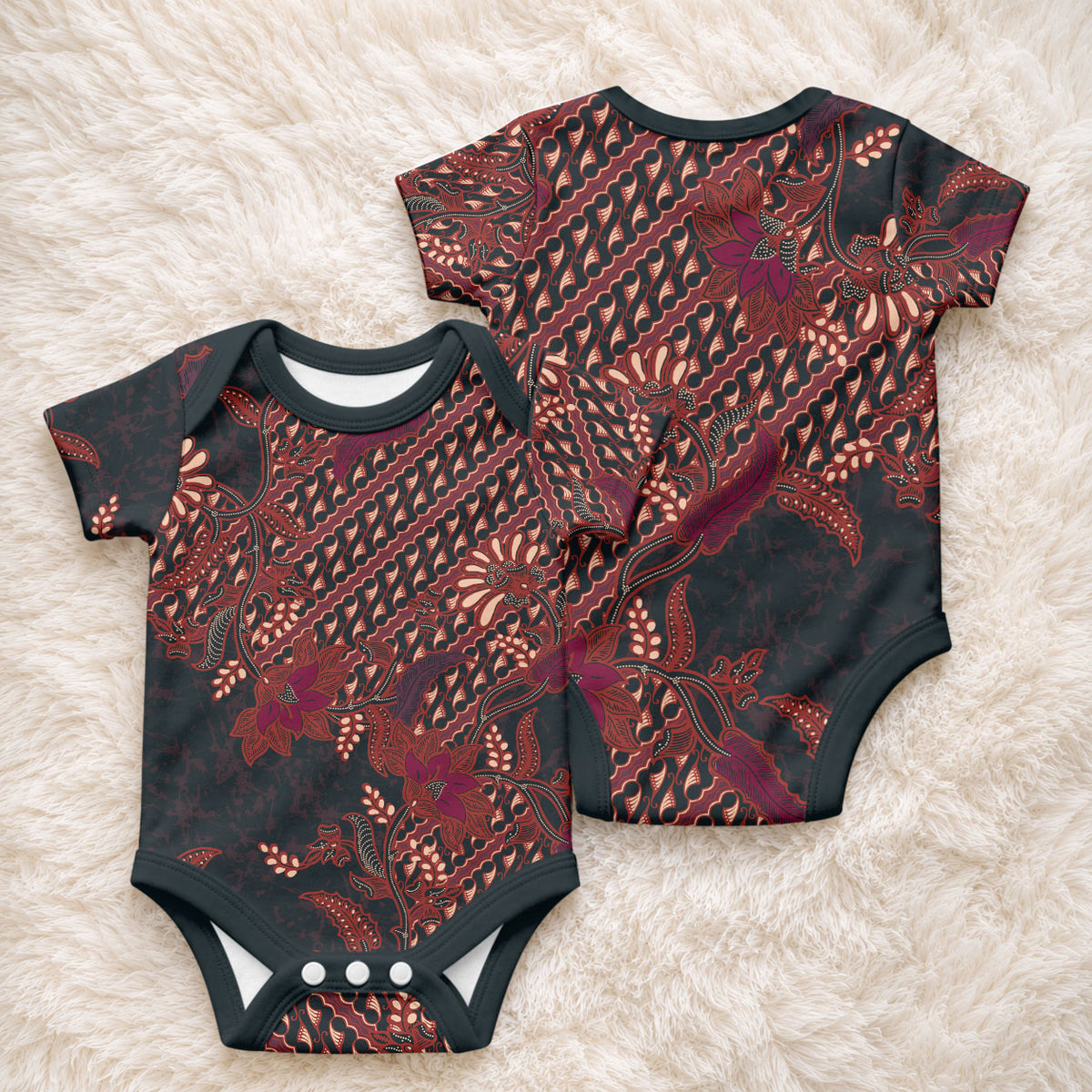 Indonesian Parang Batik Baby Onesie Red Floral Pattern