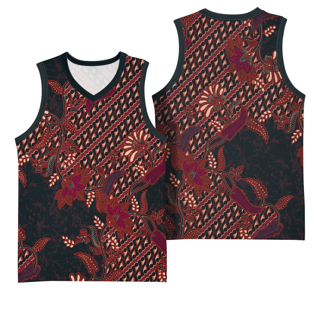 Indonesian Parang Batik Basketball Jersey Red Floral Pattern